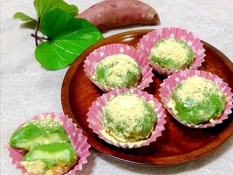 芋の葉とさつまいも餡で➡芋づくしの草餅風・薩摩芋餅